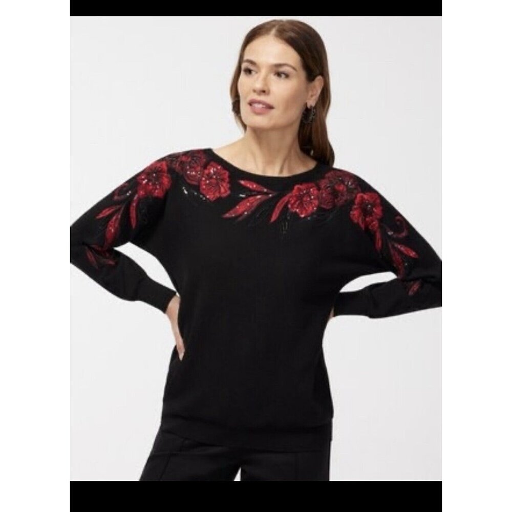 STUNNING Chico's Sweater Black Red Floral Embroidered Christmas Holiday Sz 3 XL